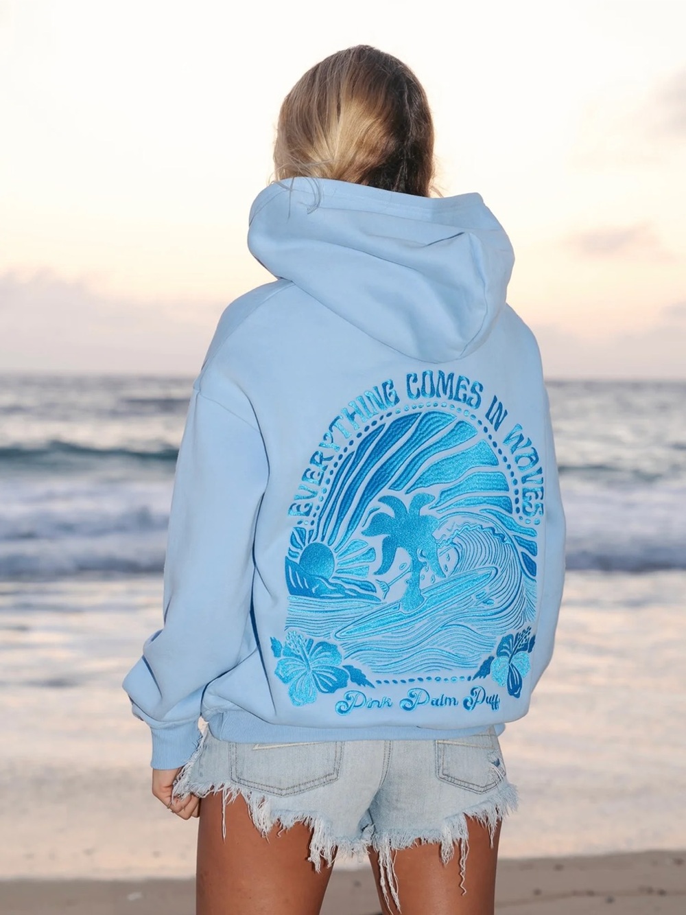 Pink Palm Puff -"Everything Comes in Waves" Embroidered Hoodie Sweatshirt